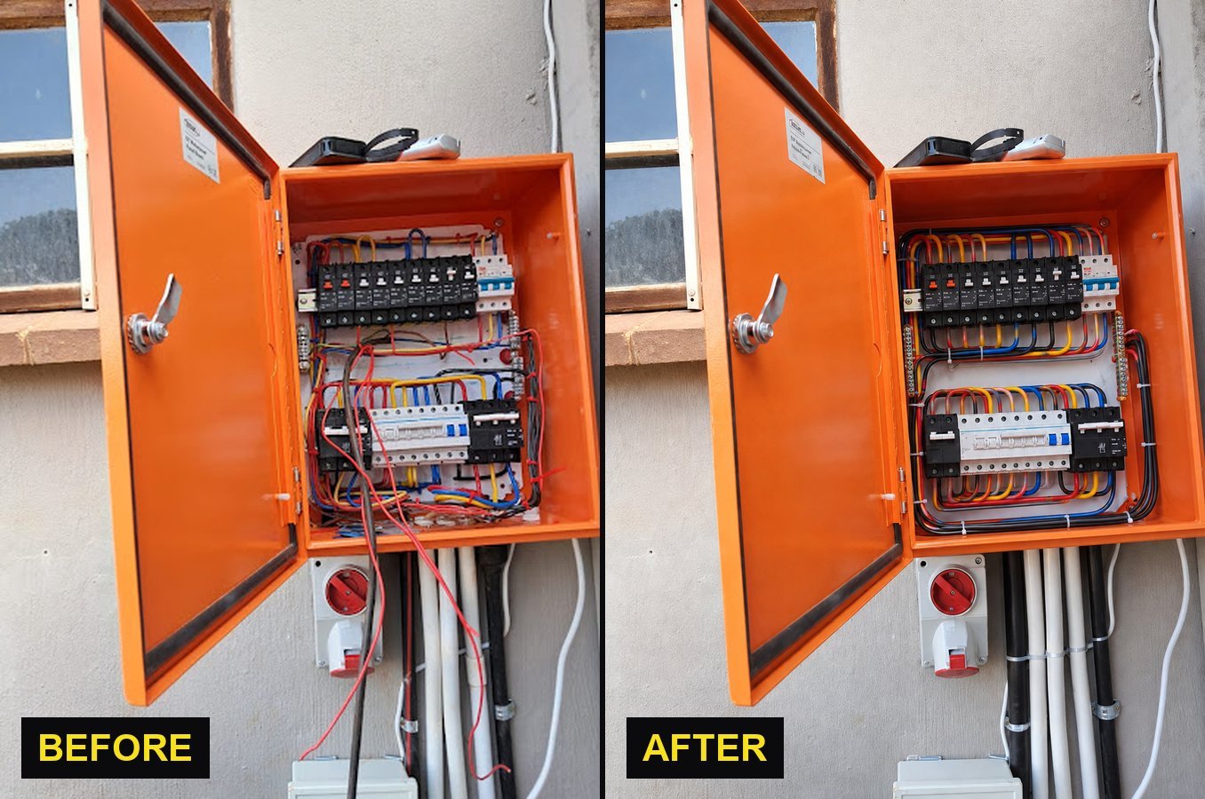 Side-by-side comparison of a distribution board before and after rewiring: tangled loose wiring transformed into neatly routed, cable-tied circuits