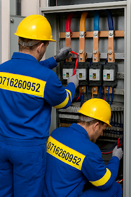 Two electricians in branded overalls working on an industrial breaker panel